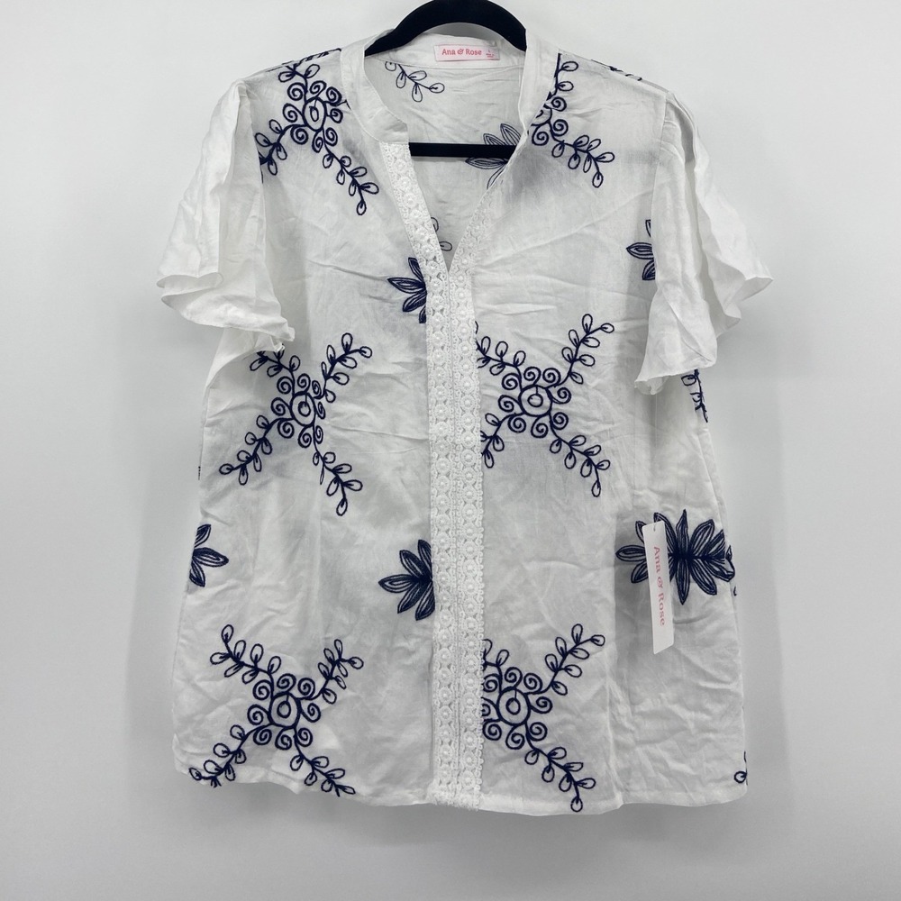 Ana & Rose White Navy Embroidered Flutter Sleeve Lace Trim Blouse Top Large